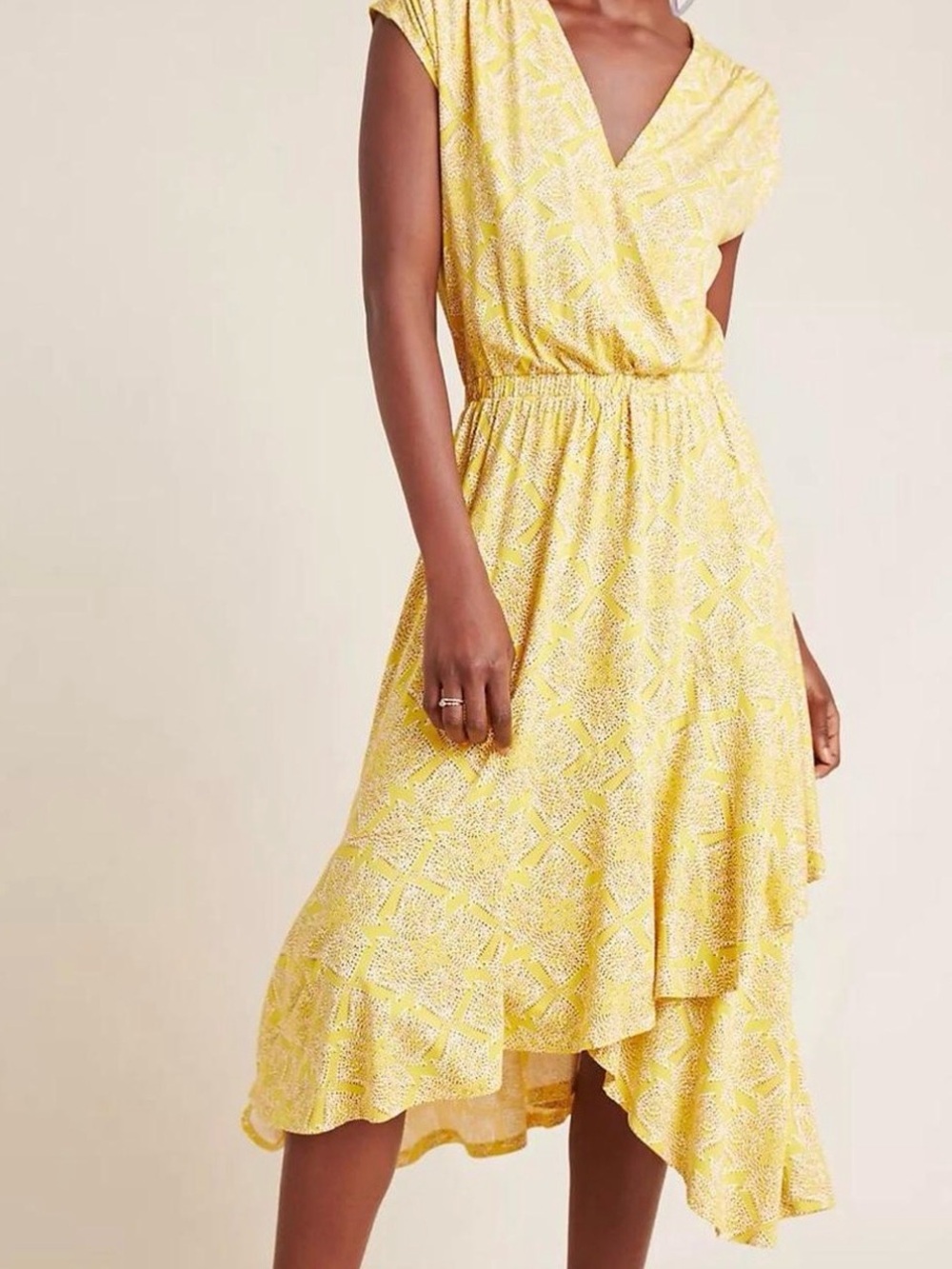 Anthropologie Sunny Yellow Printed High-Low Ruffle Dress